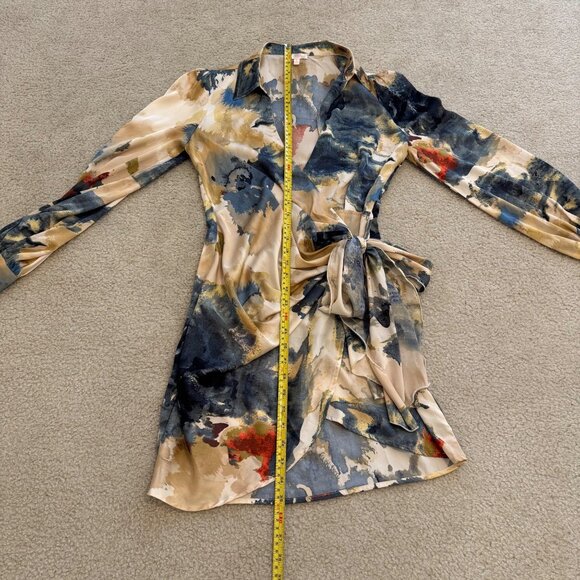 Luxxel Long Sleeve Satin Colorful Wrap Mini Dress Size S Abstract Fall Wedding - Picture 7 of 10